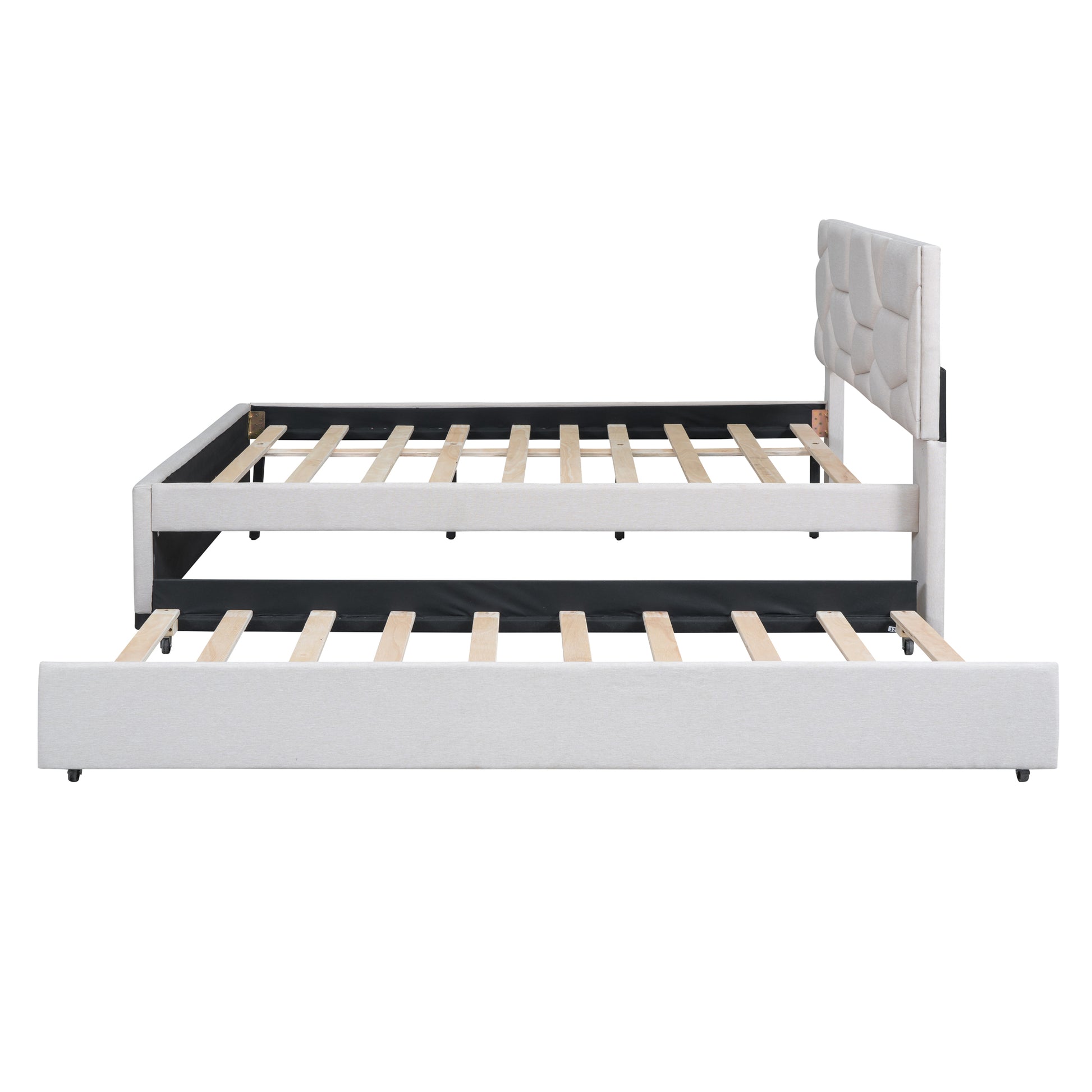 Full Size Upholstered Platform Bed With Brick Pattern Headboard And Twin Size Trundle, Linen Fabric, Beige Beige Linen