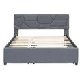 Queen Size Upholstered Platform Bed With Brick Pattern Headboard, With Twin Xl Size Trundle And 2 Drawers, Linen Fabric, Gray Gray Linen