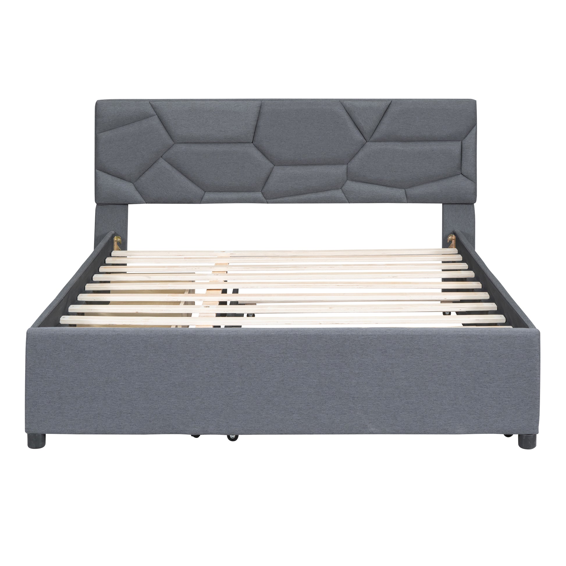 Queen Size Upholstered Platform Bed With Brick Pattern Headboard, With Twin Xl Size Trundle And 2 Drawers, Linen Fabric, Gray Gray Linen