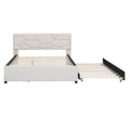 Queen Size Upholstered Platform Bed With Brick Pattern Headboard And Twin Xl Size Trundle, Linen Fabric, Beige Beige Linen