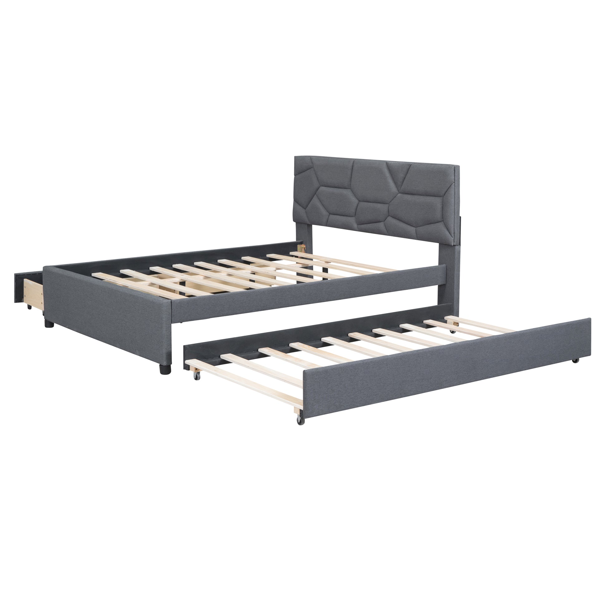 Full Size Upholstered Platform Bed With Brick Pattern Headboard, With Twin Size Trundle And 2 Drawers, Linen Fabric, Gray Gray Linen