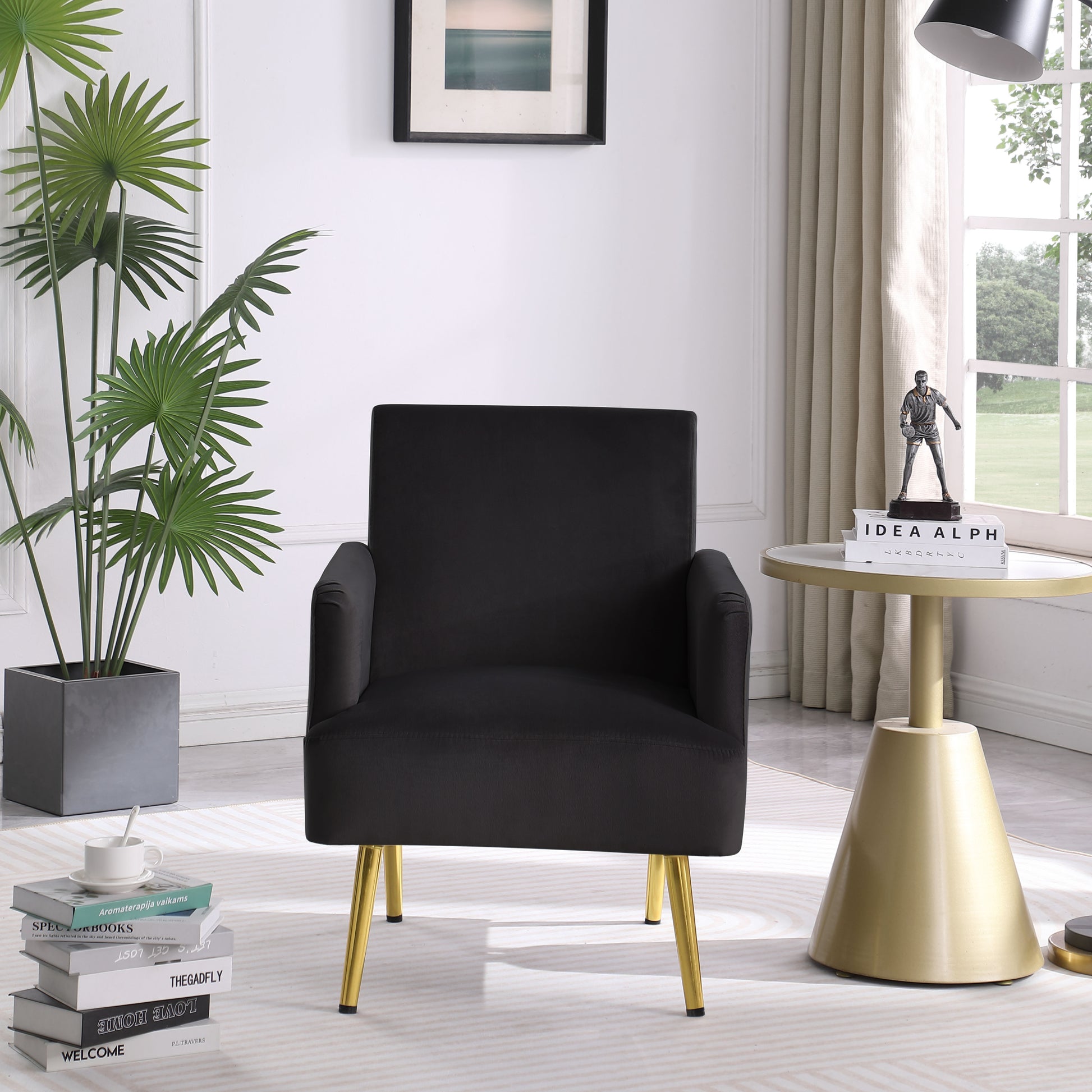 Reading Armchair Living Room Comfy Accent Chairs, Bedroom Chairs For Office Bedroom With Arm Rest, Lounge Chair For Office And Study Black Velvet