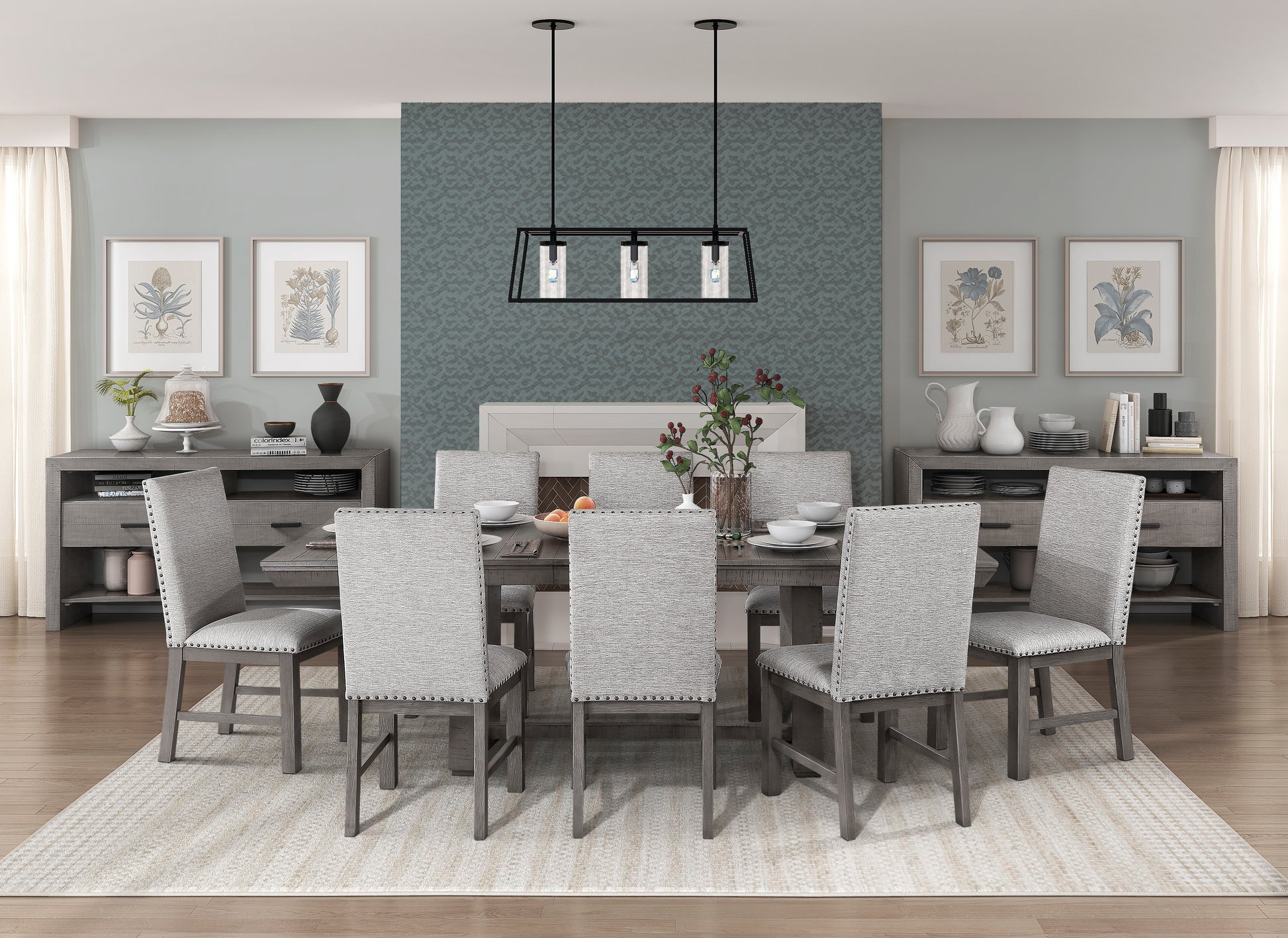 Rustic Design Dining Table 9Pc Set Gray Finish Table W Extension Leaf And 8X Fabric Upholstered Side Chairs Modern Dining Room Furniture Wood Wood Gray Seats 8 Wood Dining Room Extendable Modern Rectangular Dining Table With Chair Wood
