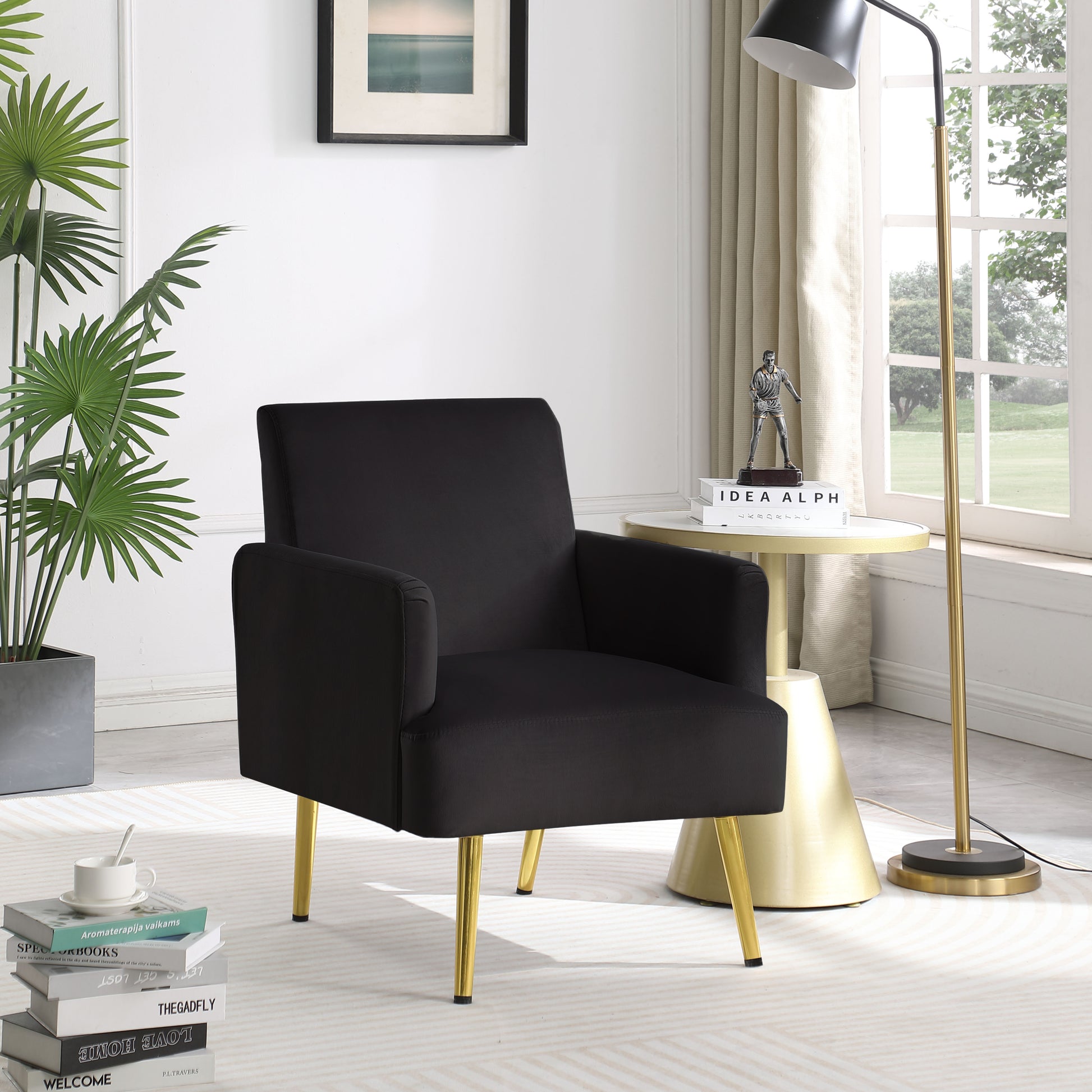 Reading Armchair Living Room Comfy Accent Chairs, Bedroom Chairs For Office Bedroom With Arm Rest, Lounge Chair For Office And Study Black Velvet