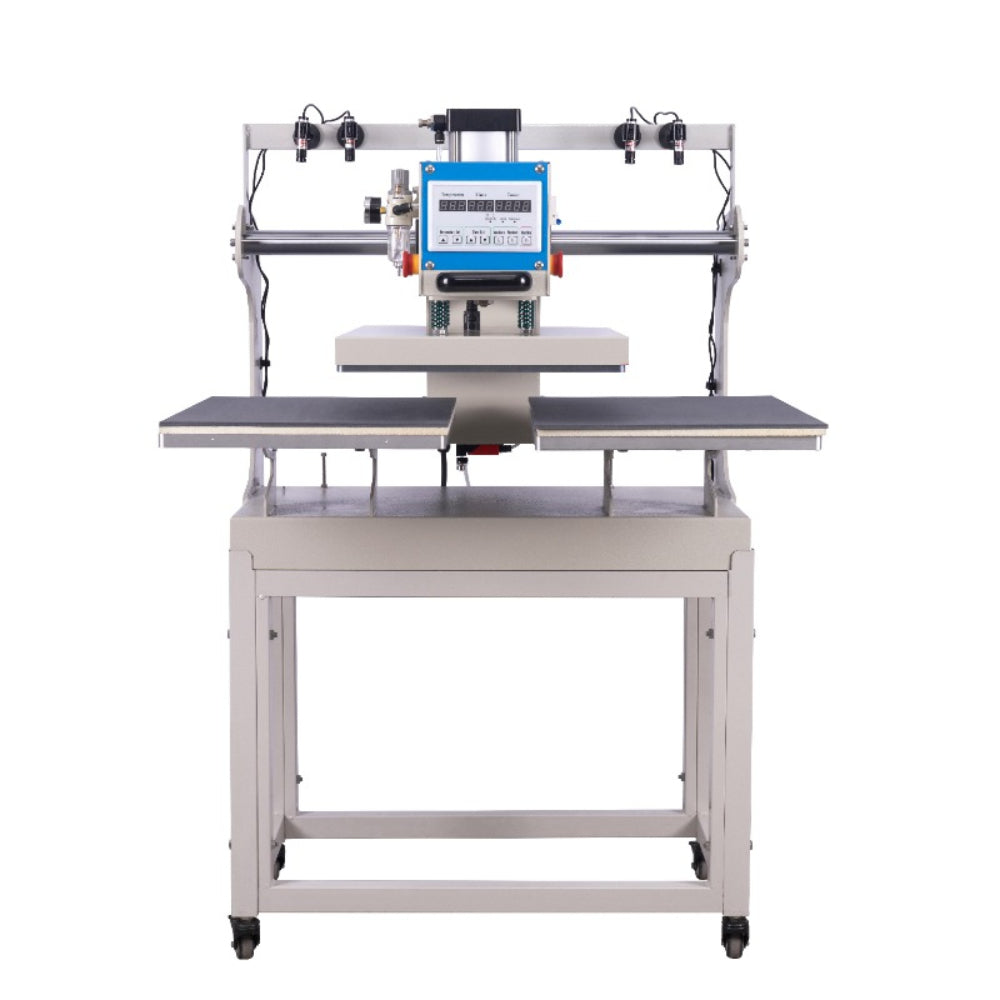 16X24 Pneumatic Up Sliding Dual Platen Heat Press Machine With Infrared Positioning White Blue Aluminium