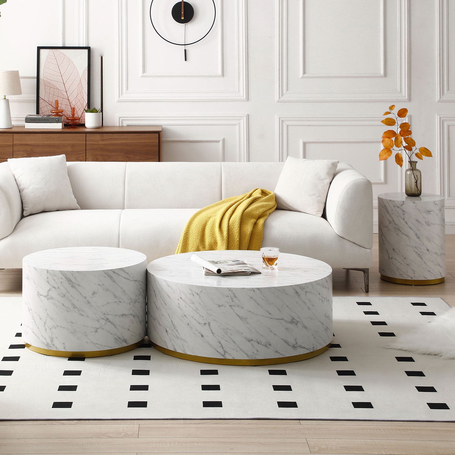 Set Of 3 White Marble Pattern Round Coffee Table Side Table End Table Set For Living Room Fully Assembled White Mdf