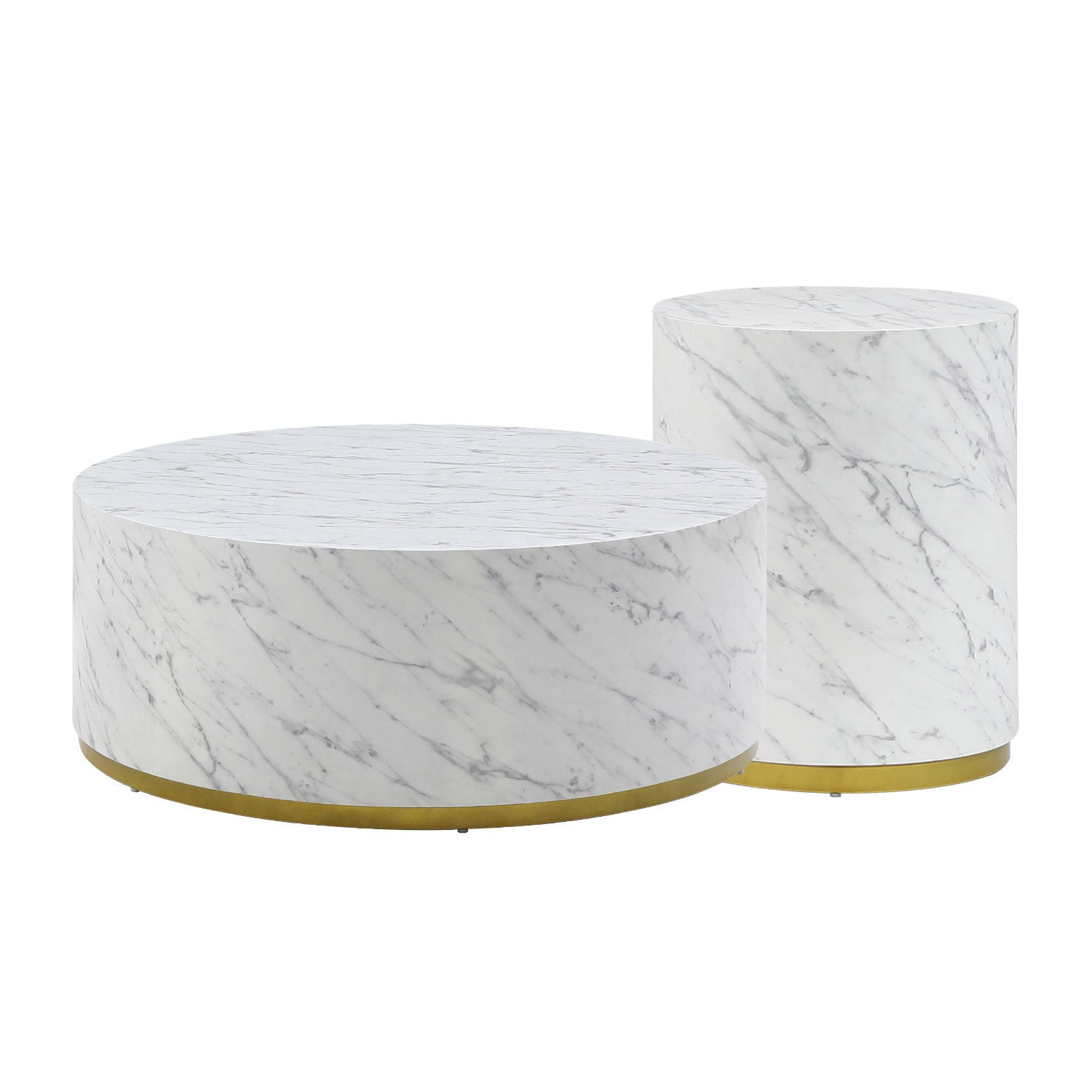 Set Of 3 White Marble Pattern Round Coffee Table Side Table End Table Set For Living Room Fully Assembled White Mdf