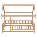 Twin Size Floor Wooden Bed With House Roof Frame, Fence Guardrails, Old Sku:W504105240 Twin Natural Pine