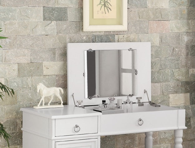 Bedroom Vanity Set W Stool Open Up Mirror Storage Space Drawers Rubber Wood Ring Pull Handles White Color Vanity Silver Bedroom Traditional Poplar Rubber Wood