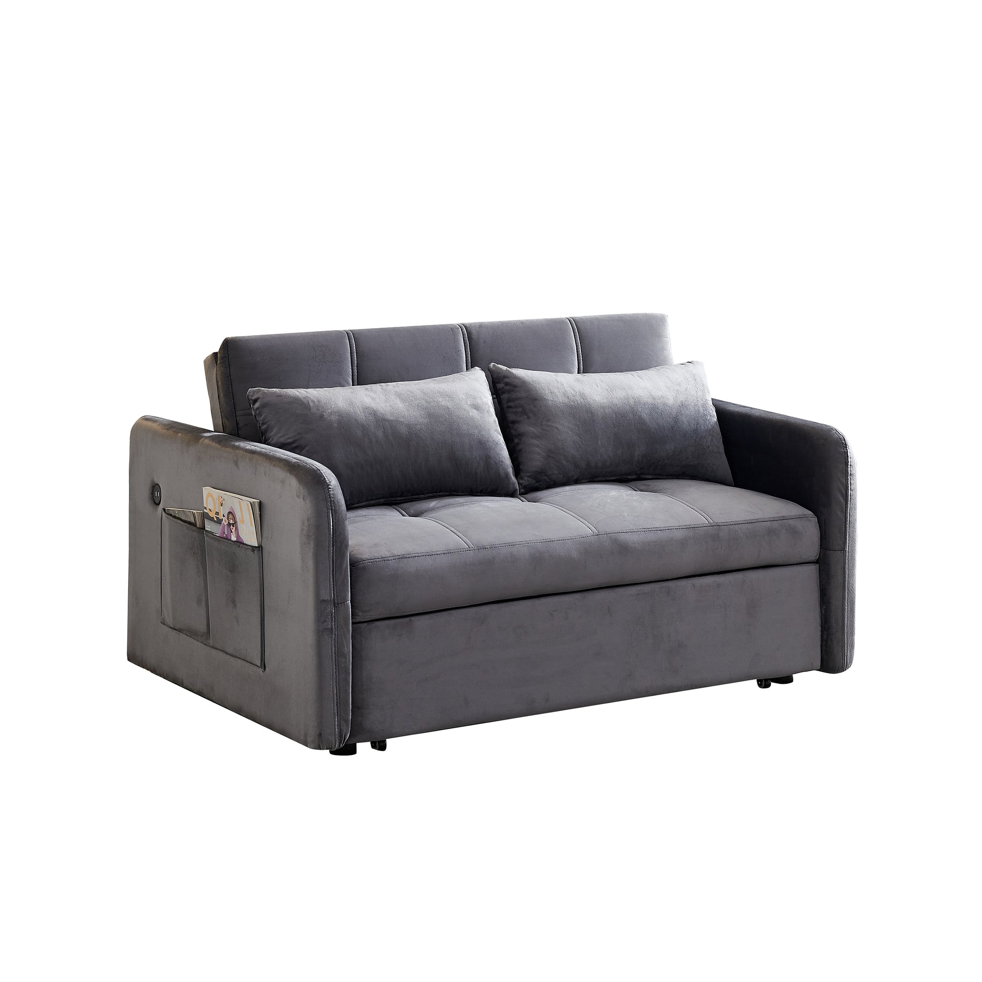 55.5" Twins Pull Out Sofa Bed Grey Velvet Grey Foam Velvet