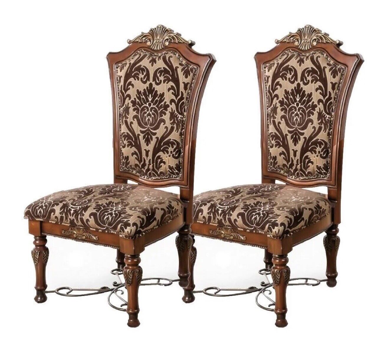 Traditional Fancy Set Of 2Pcs Side Chairs Brown Cherry Solid Wood Intricate Carved Details Floral Design Print Fabric Seats Formal Dining Room Furniture Brown Brown Dining Room Traditional Dining Chairs Solid Wood