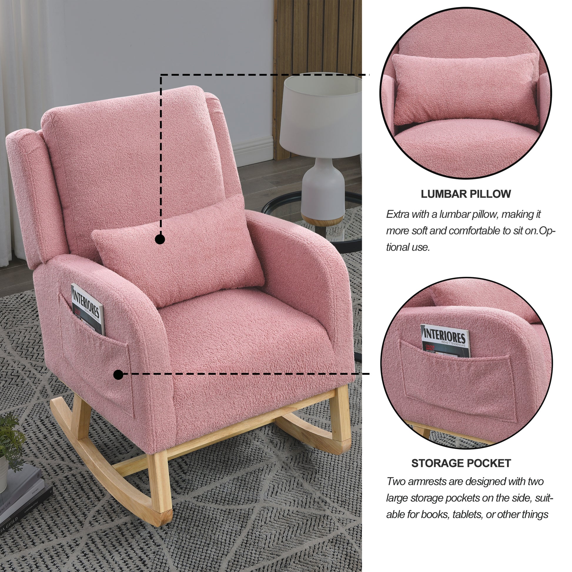 Video Welike 27.5 "W Modern Accent High Back Living Room Casual Armchair Rocker With One Lumbar Pillow, Two Side Pockets,Teddy. Pink Teddy Foam Fabric