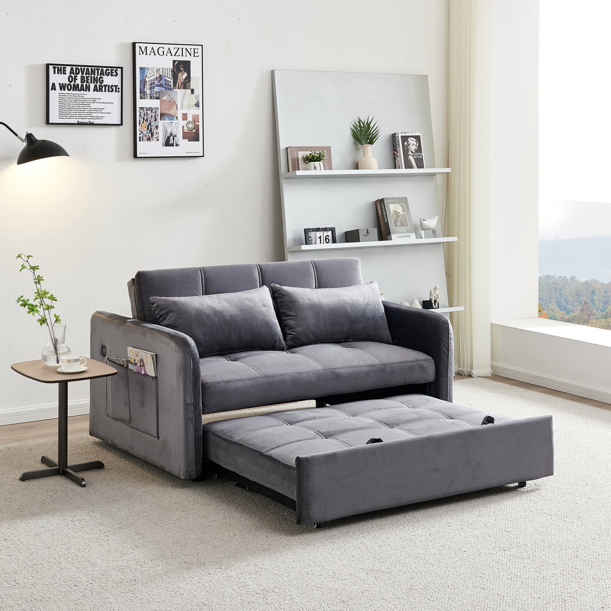 55.5" Twins Pull Out Sofa Bed Grey Velvet Grey Foam Velvet