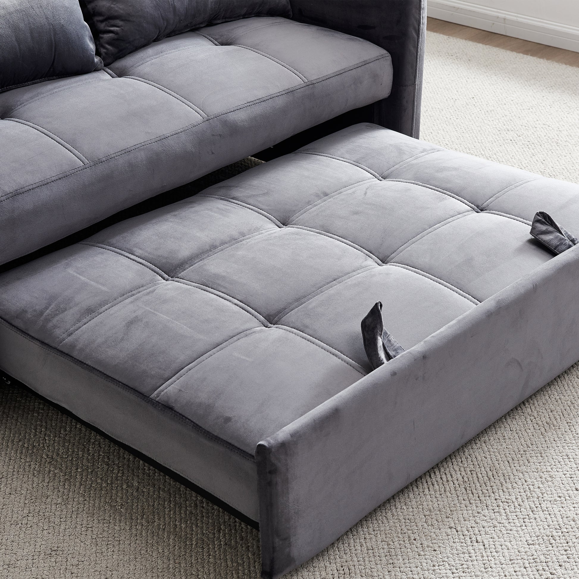 55.5" Twins Pull Out Sofa Bed Grey Velvet Grey Foam Velvet