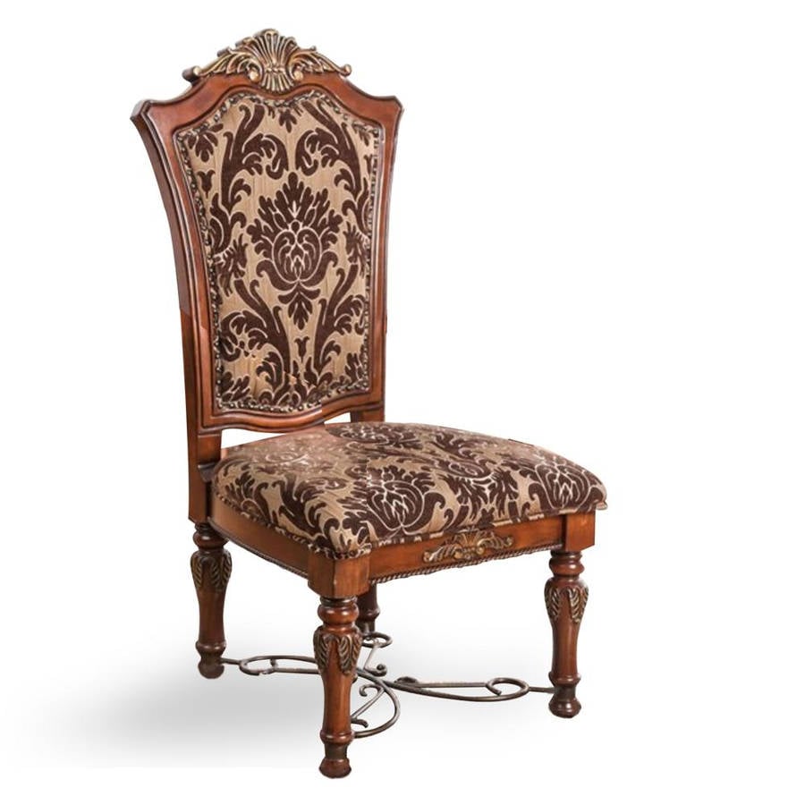 Traditional Fancy Set Of 2Pcs Side Chairs Brown Cherry Solid Wood Intricate Carved Details Floral Design Print Fabric Seats Formal Dining Room Furniture Brown Brown Dining Room Traditional Dining Chairs Solid Wood