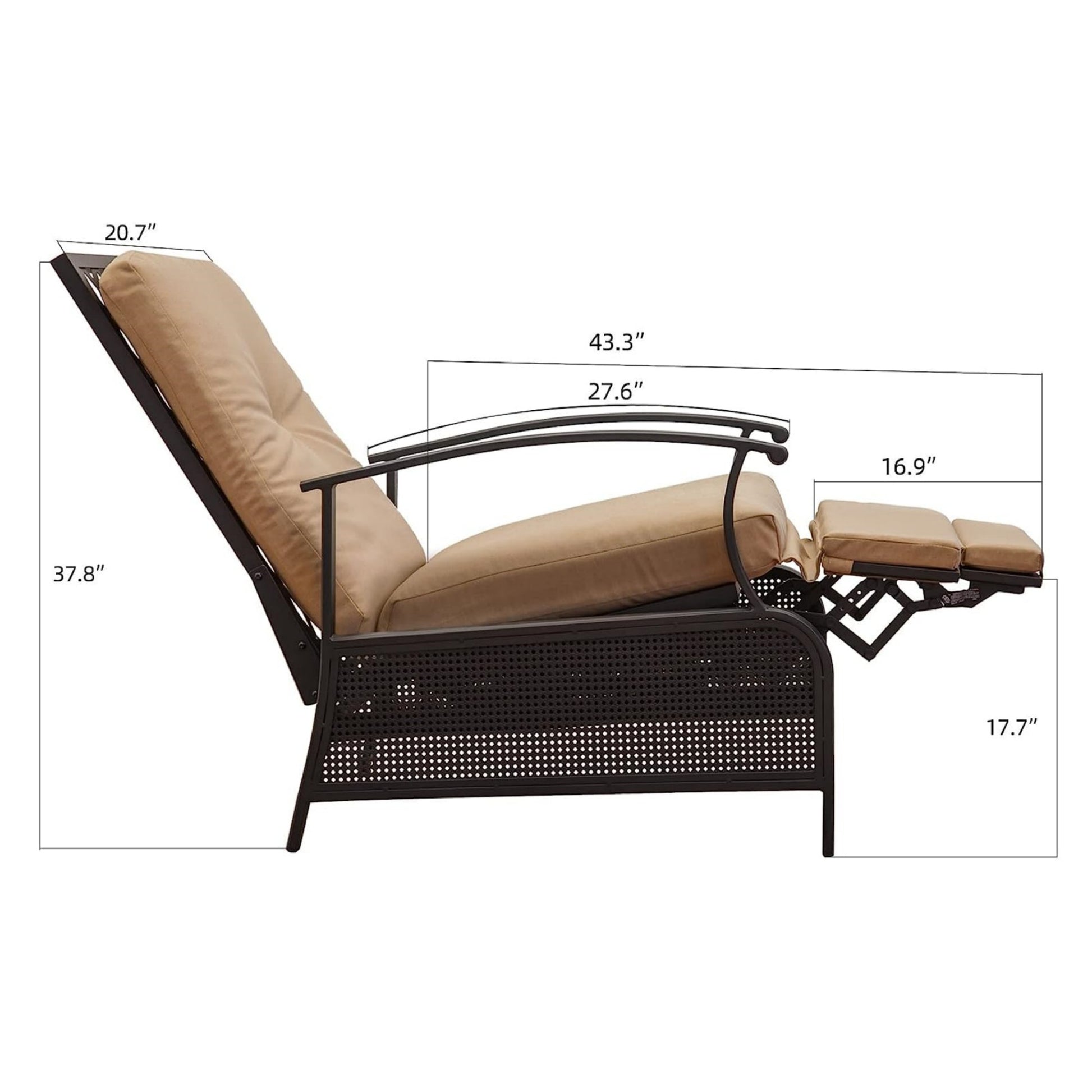 Patio Recliner Chair With Cushions,Outdoor Adjustable Lounge Chair,Reclining Patio Chairs With Strong Extendable Metal Frame For Reading,Garden,Lawn Khaki, 1 Chair Khaki Metal