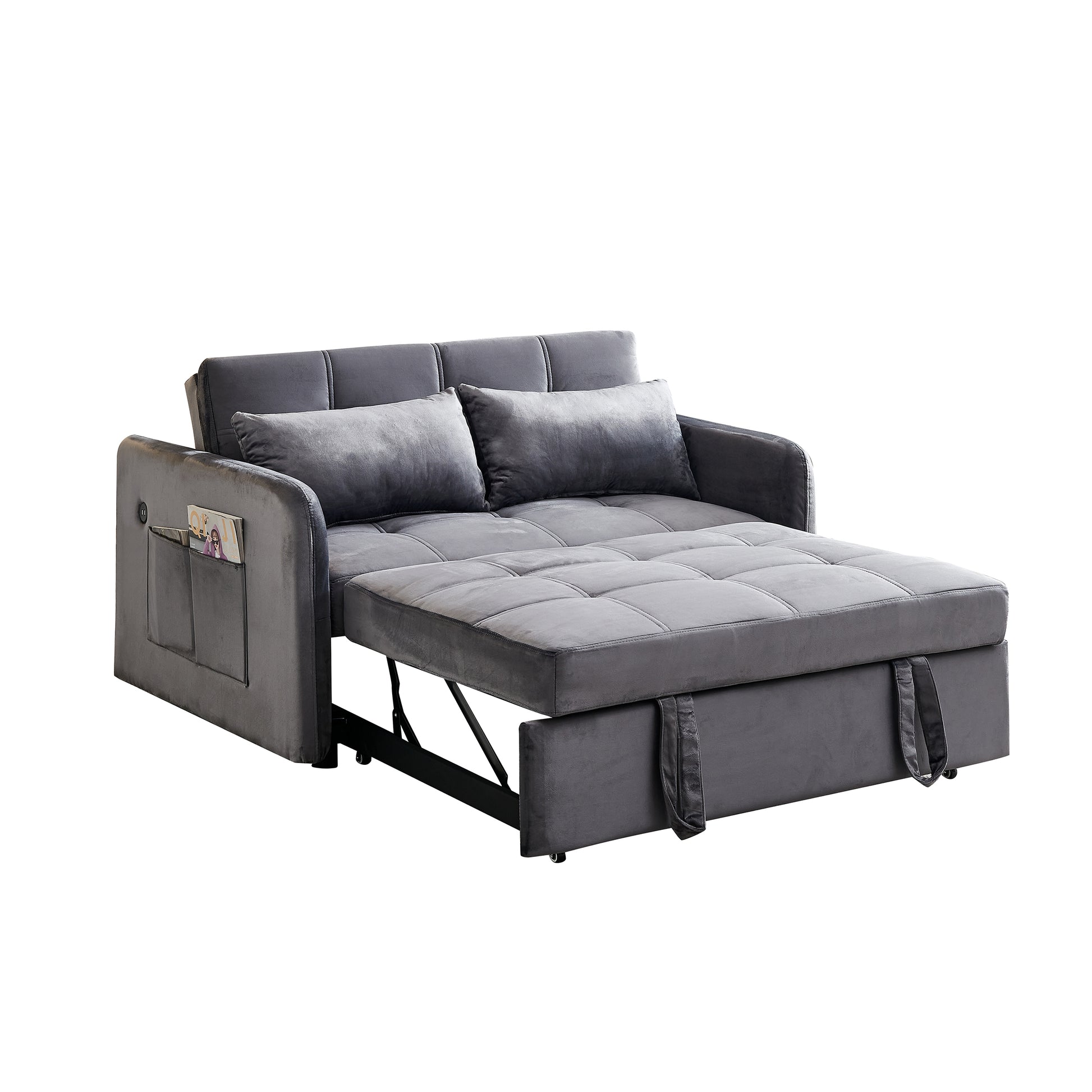 55.5" Twins Pull Out Sofa Bed Grey Velvet Grey Foam Velvet