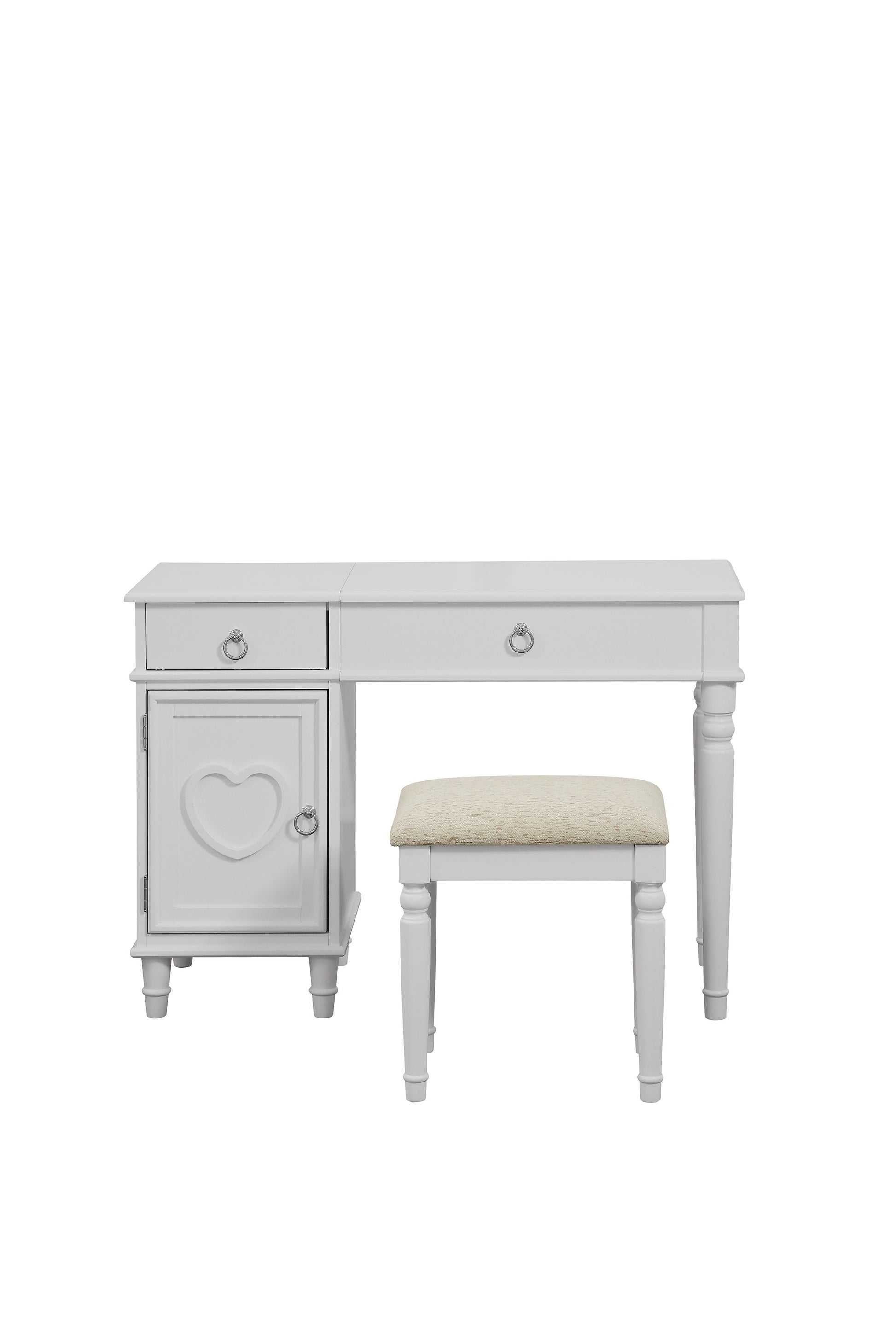 Bedroom Vanity Set W Stool Open Up Mirror Storage Space Drawers Rubber Wood Ring Pull Handles White Color Vanity Silver Bedroom Traditional Poplar Rubber Wood