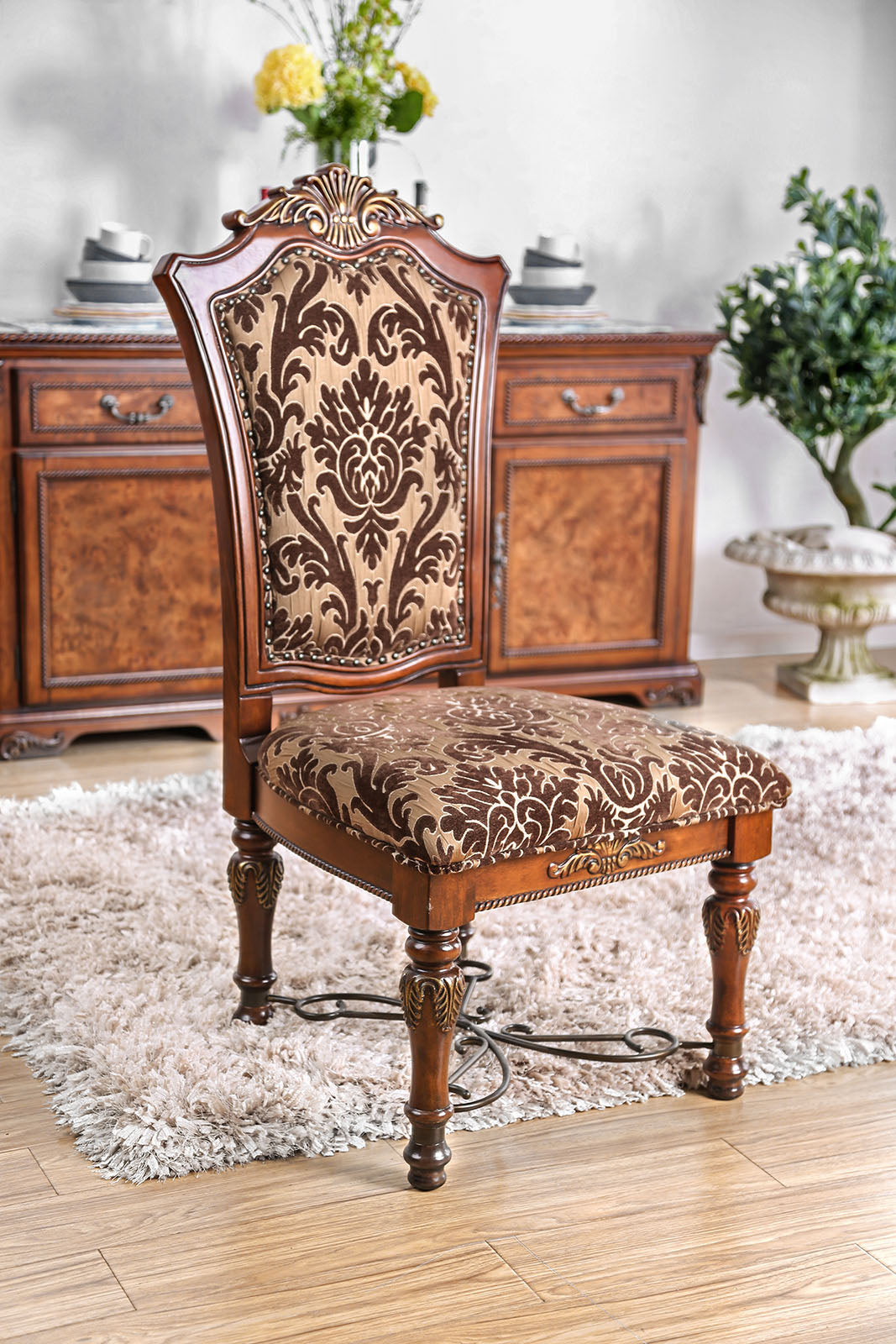Traditional Fancy Set Of 2Pcs Side Chairs Brown Cherry Solid Wood Intricate Carved Details Floral Design Print Fabric Seats Formal Dining Room Furniture Brown Brown Dining Room Traditional Dining Chairs Solid Wood