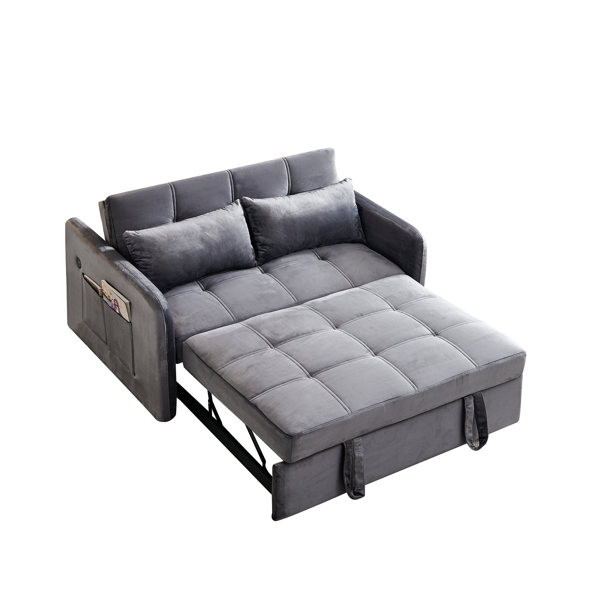 55.5" Twins Pull Out Sofa Bed Grey Velvet Grey Foam Velvet