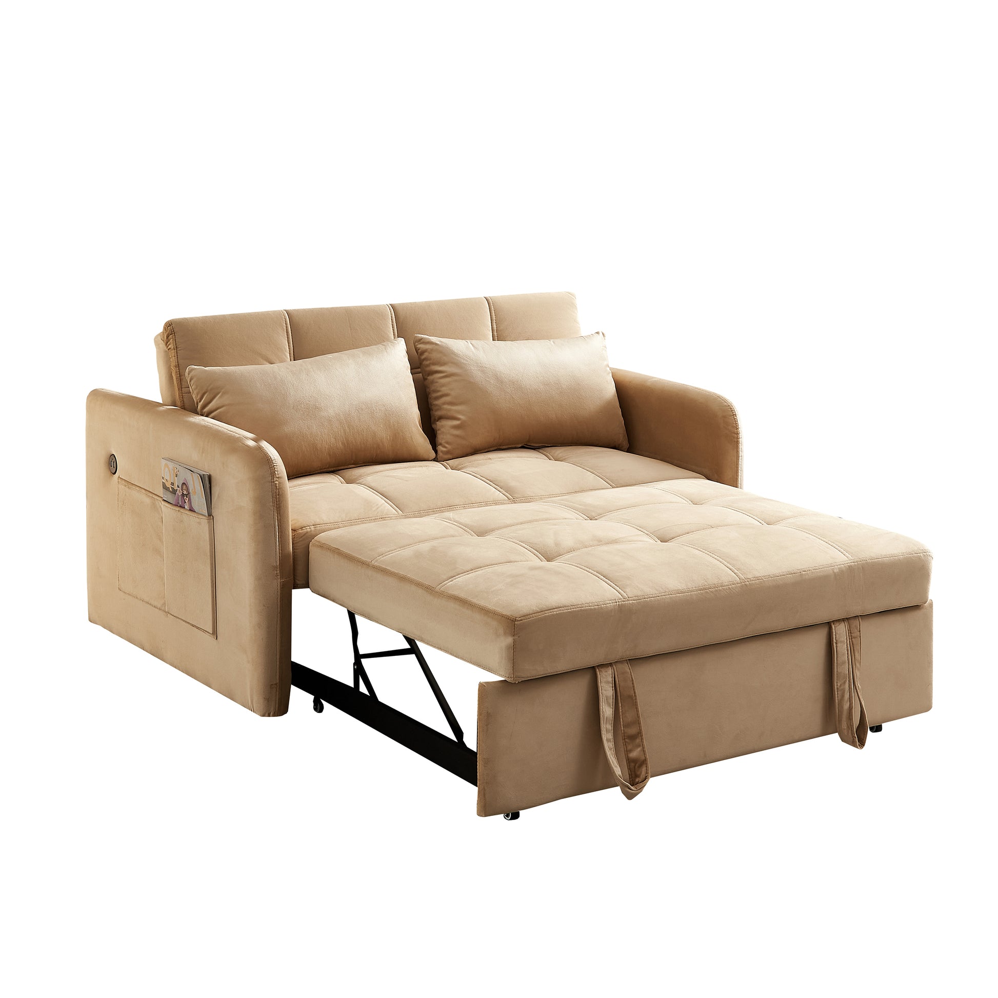 55.5"Twins Pull Out Sofa Bed Khaki Velvet Khaki Foam Velvet