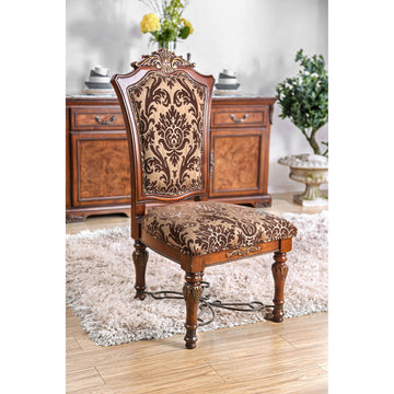 Traditional Fancy Set Of 2Pcs Side Chairs Brown Cherry Solid Wood Intricate Carved Details Floral Design Print Fabric Seats Formal Dining Room Furniture Brown Brown Dining Room Traditional Dining Chairs Solid Wood