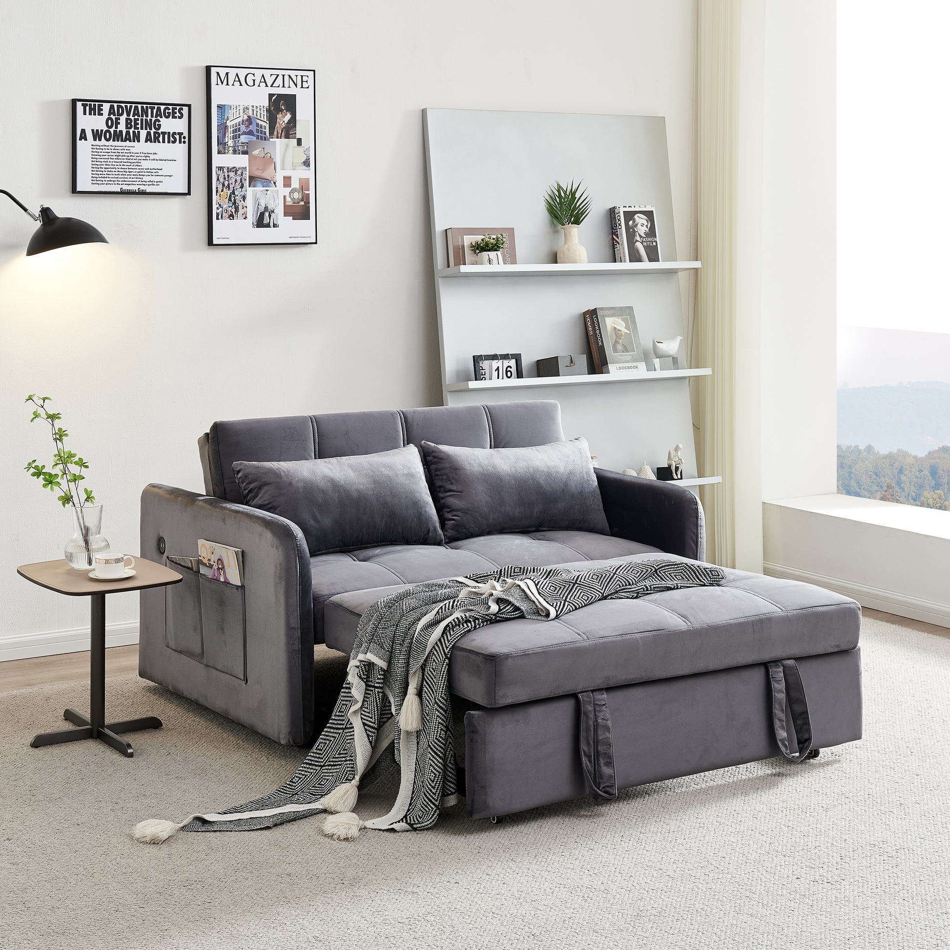 55.5" Twins Pull Out Sofa Bed Grey Velvet Grey Foam Velvet
