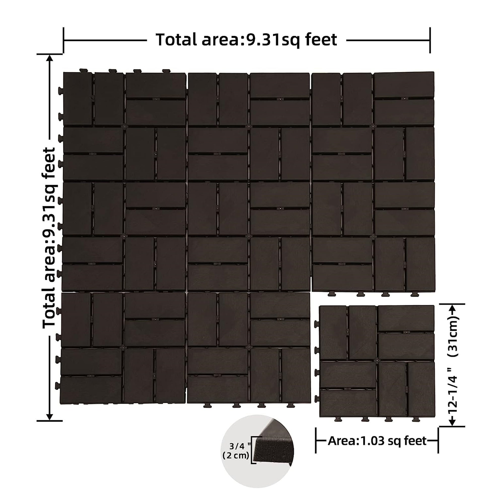 Patio Interlocking Deck Tiles, 12"X12" Square Composite Decking Tiles, Four Slat Plastic Outdoor Flooring Tile All Weather For Balcony Porch Backyard, Brown, Pack Of 44 Brown Plastic