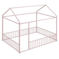 Full Size Metal Bed House Bed Frame With Fence, For Kids, Teens, Girls, Boys,Pink Pink Metal