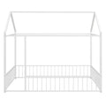 Full Size Metal Bed House Bed Frame With Fence, For Kids, Teens, Girls, Boys,White White Metal