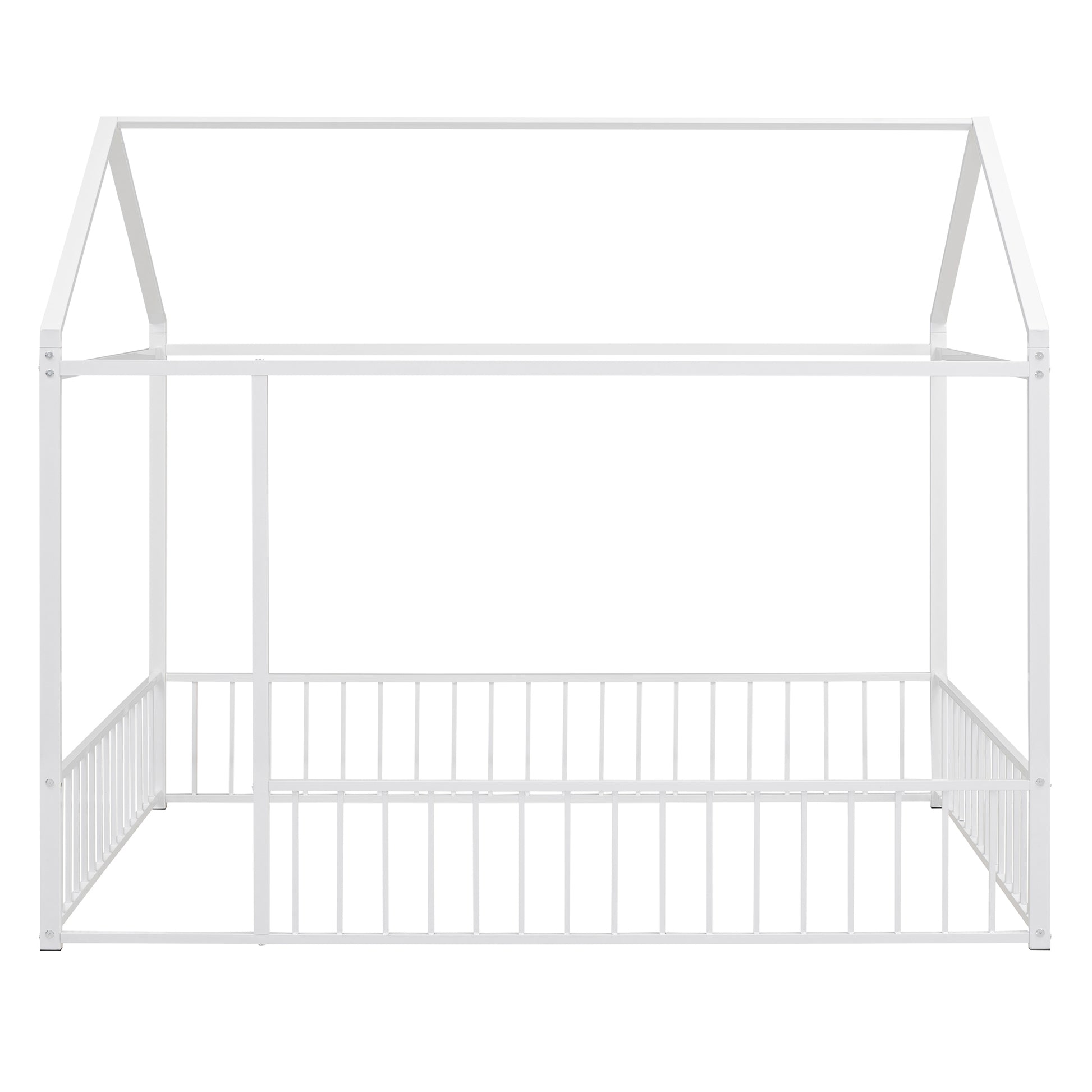 Full Size Metal Bed House Bed Frame With Fence, For Kids, Teens, Girls, Boys,White White Metal