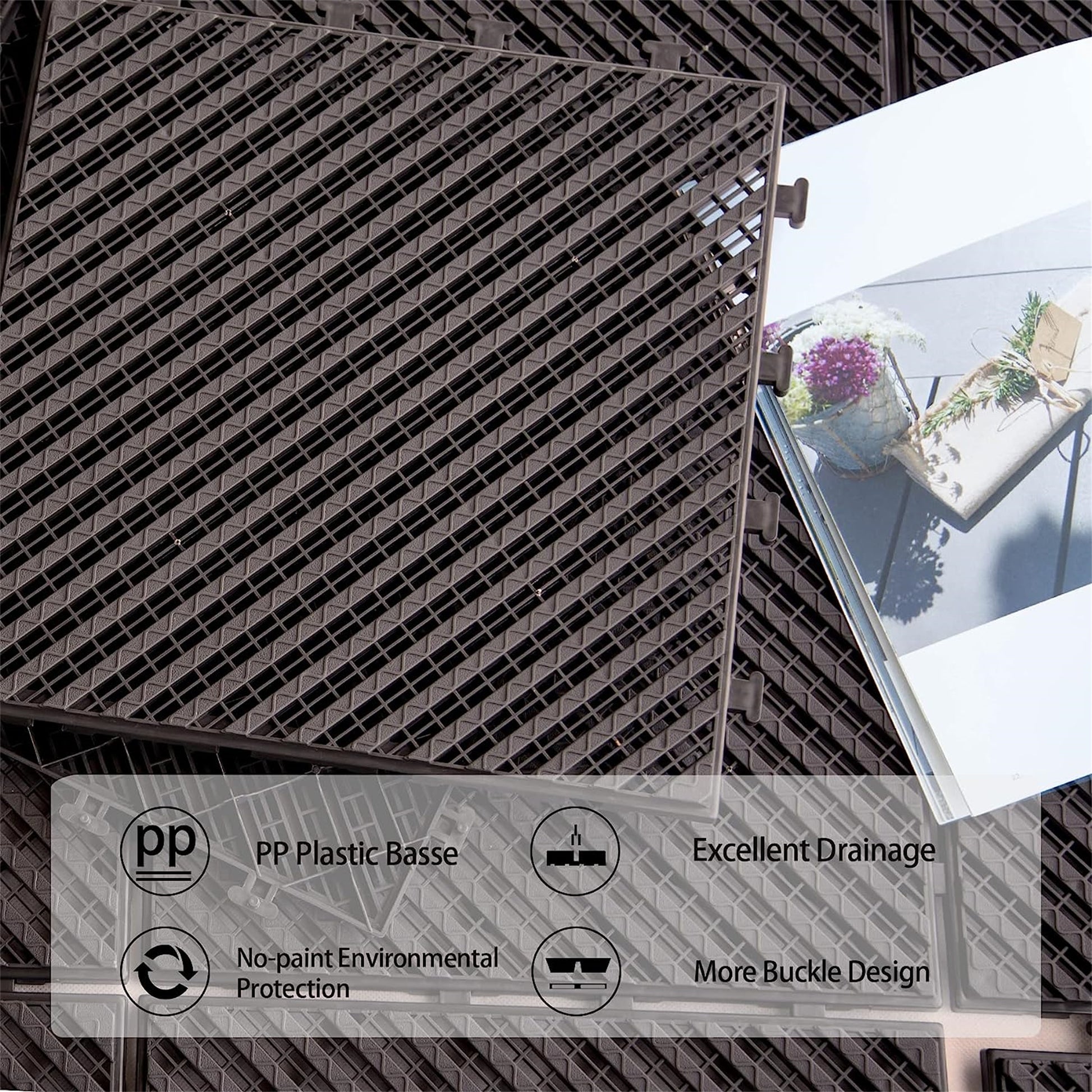 Patio Interlocking Deck Tiles, 12"X12" Square Composite Decking Tiles, Four Slat Plastic Outdoor Flooring Tile All Weather For Balcony Porch Backyard, Dark Brown, Pack Of 9 Dark Brown Plastic