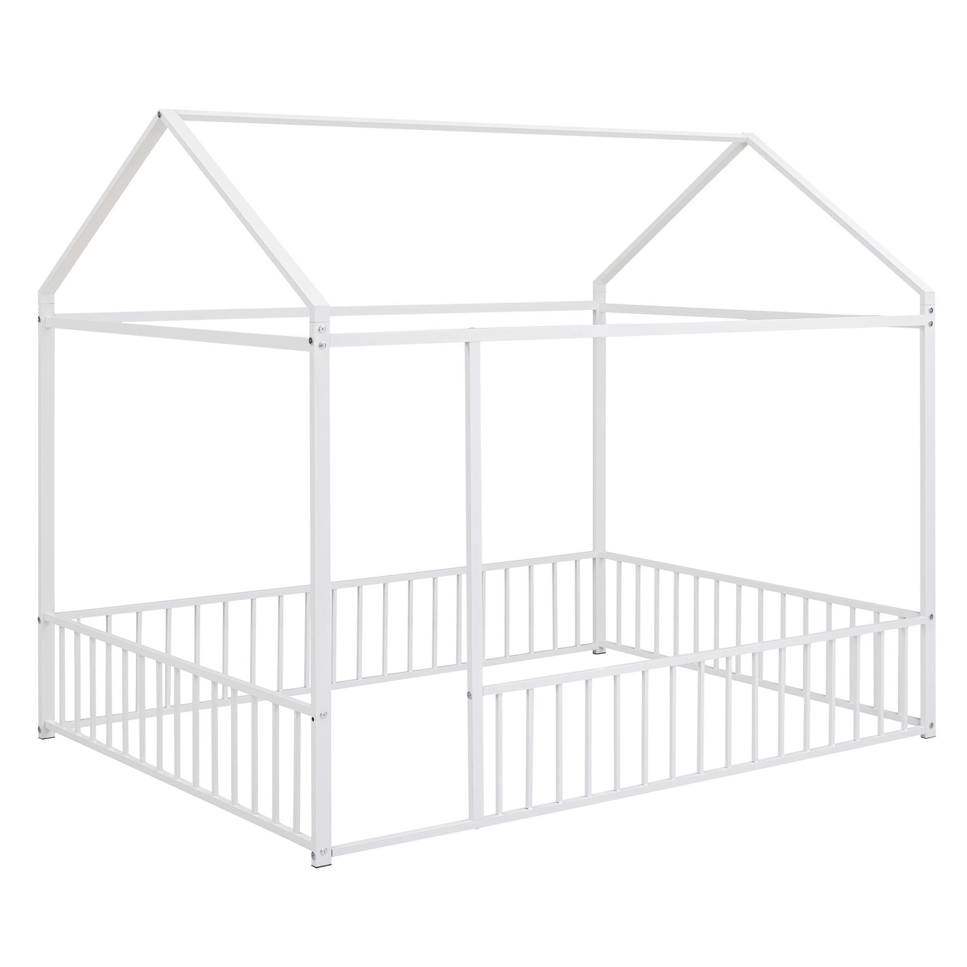 Full Size Metal Bed House Bed Frame With Fence, For Kids, Teens, Girls, Boys,White White Metal