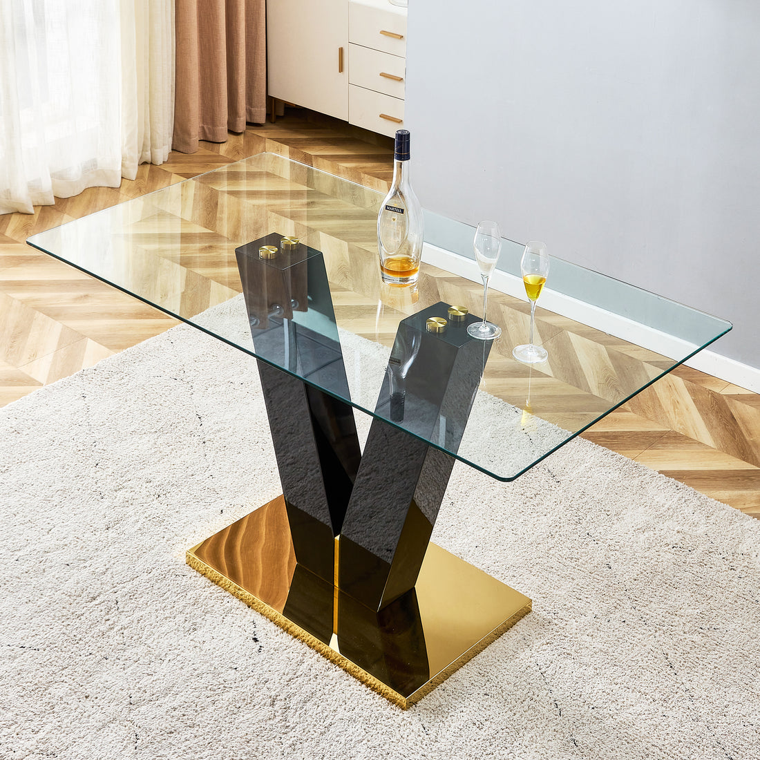 Large Modern Minimalist Rectangular Glass Dining Table For 6 8 With 0.4" Tempered Glass Tabletop And Mdf Slab V Shaped Bracket,For Kitchen Dining Living Meeting Room Banquet Hall F V Transparent Glass