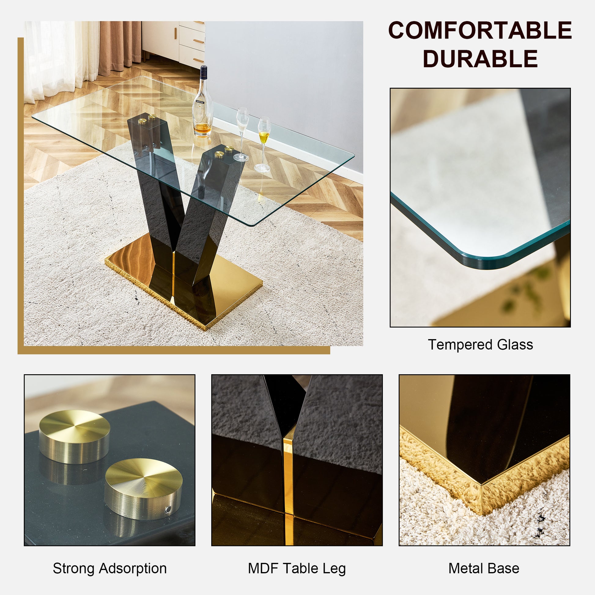 Large Modern Minimalist Rectangular Glass Dining Table For 6 8 With 0.4" Tempered Glass Tabletop And Mdf Slab V Shaped Bracket,For Kitchen Dining Living Meeting Room Banquet Hall F V Transparent Glass