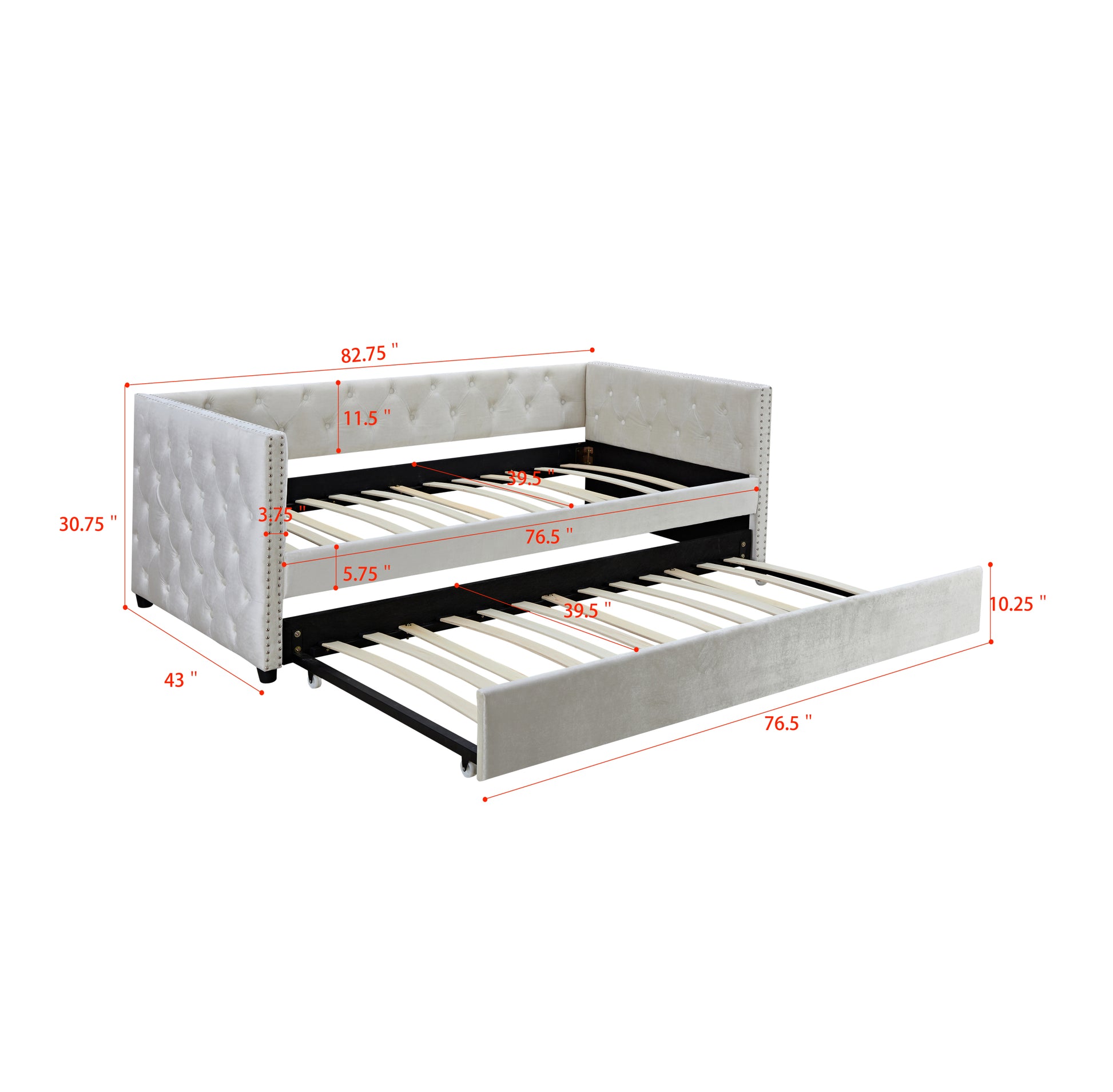 Daybed With Trundle Sofa Bed, Upgraded Velvet Upholstered Sofa Bed, With Button And Copper Nail On Square Arms,Bedroom Living Room Furniture Beige,Twin,83.47"X41.91"X30.71" Twin Beige Wood Bedroom American Traditional Eucalyptus Bed Frame Polyurethane