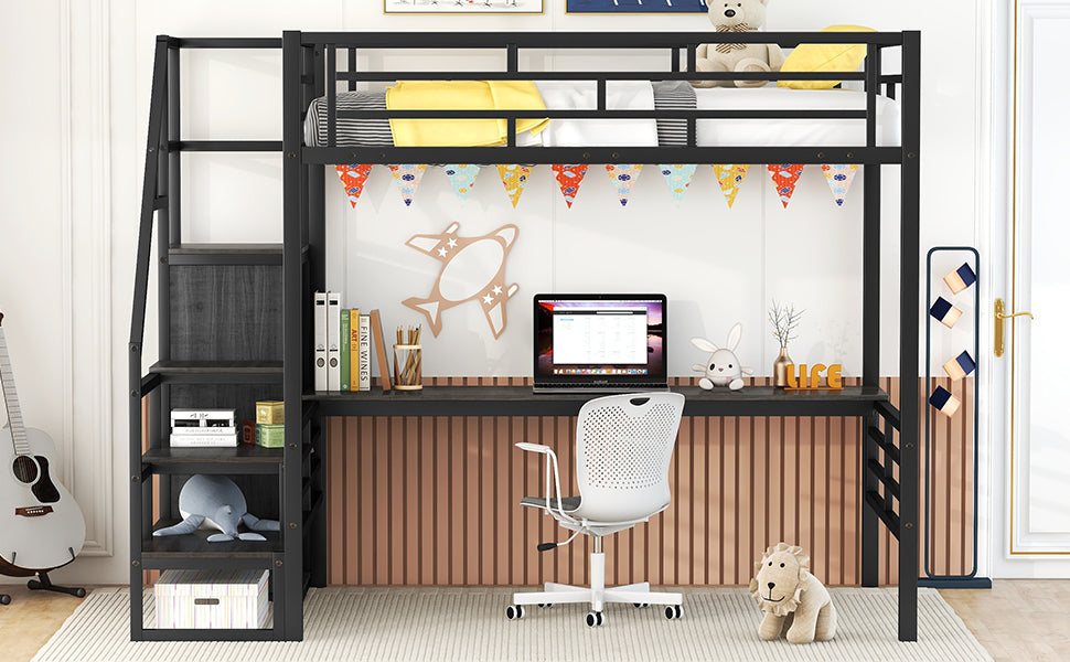 Full Size Metal Loft Bed With Desk, Storage Staircase And Small Wardrobe, Storage Stairs Can Be Installed Left And Right,Black Full Black Metal