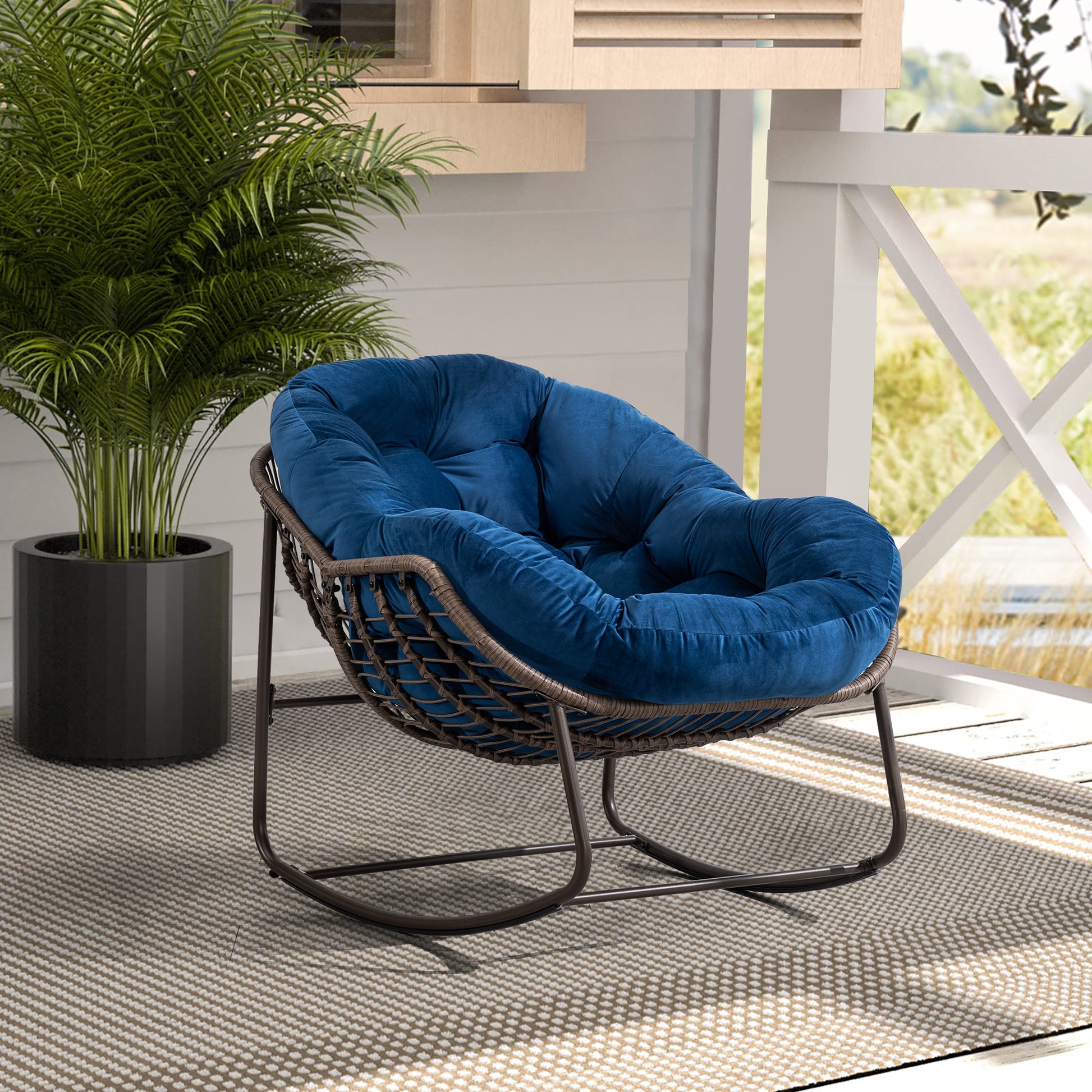Outdoor Rattan Rocking Chair,Padded Cushion Rocker Recliner Chair Outdoor For Front Porch, Living Room, Patio, Garden, Navy Blue Navy Blue Cotton Steel