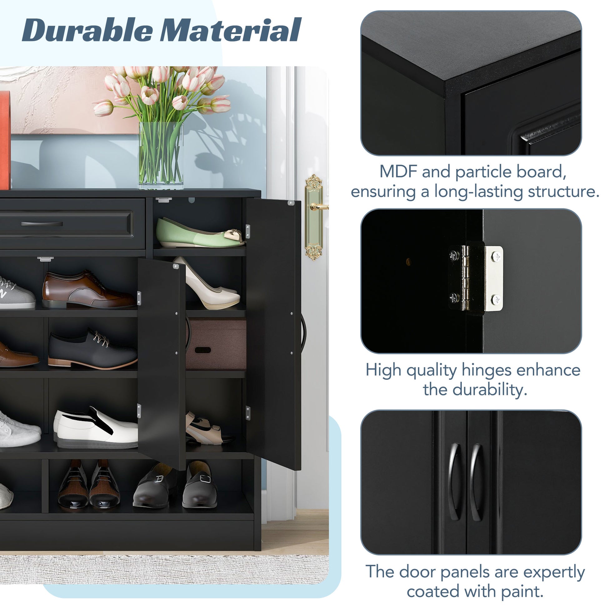 Sleek And Modern Shoe Cabinet With Adjustable Shelves, Minimalist Shoe Storage Organizer With Sturdy Top Surface, Space Saving Design Side Board For Various Sizes Of Items, Black Square 3 4 Spaces