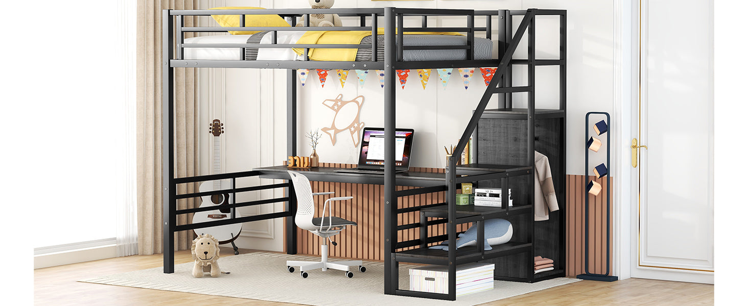 Full Size Metal Loft Bed With Desk, Storage Staircase And Small Wardrobe, Storage Stairs Can Be Installed Left And Right,Black Full Black Metal