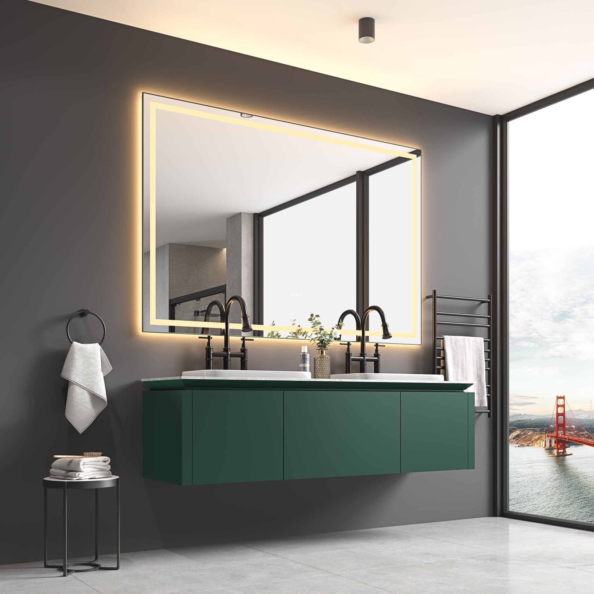 84In. W X 48In. H Oversized Rectangular Black Framed Led Mirror Anti Fog Dimmable Wall Mount Bathroom Vanity Mirror Hd Wall Mirror Kit For Gym And Dance Studio 48X 84Inches With Safety Ba Matte Black Aluminium