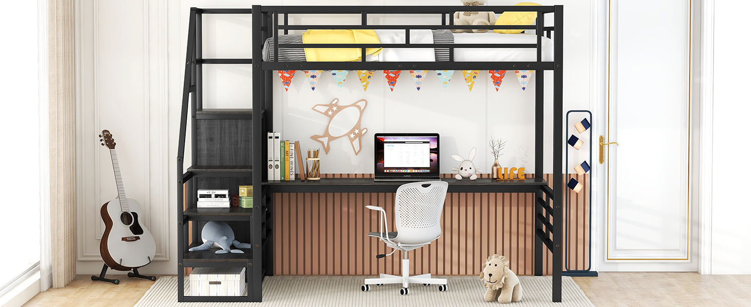 Full Size Metal Loft Bed With Desk, Storage Staircase And Small Wardrobe, Storage Stairs Can Be Installed Left And Right,Black Full Black Metal