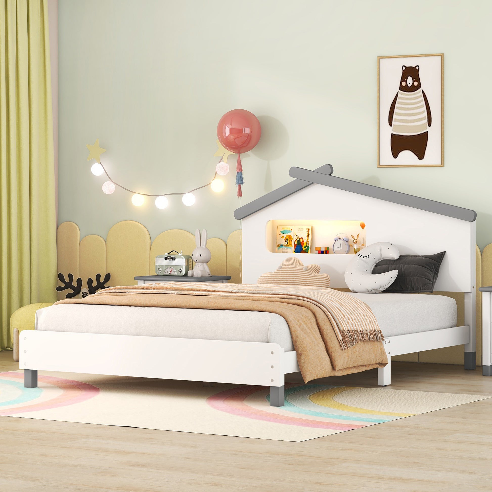 Full Size Wood Platform Bed With House Shaped Headboard And Motion Activated Night Lights White Gray White Wood