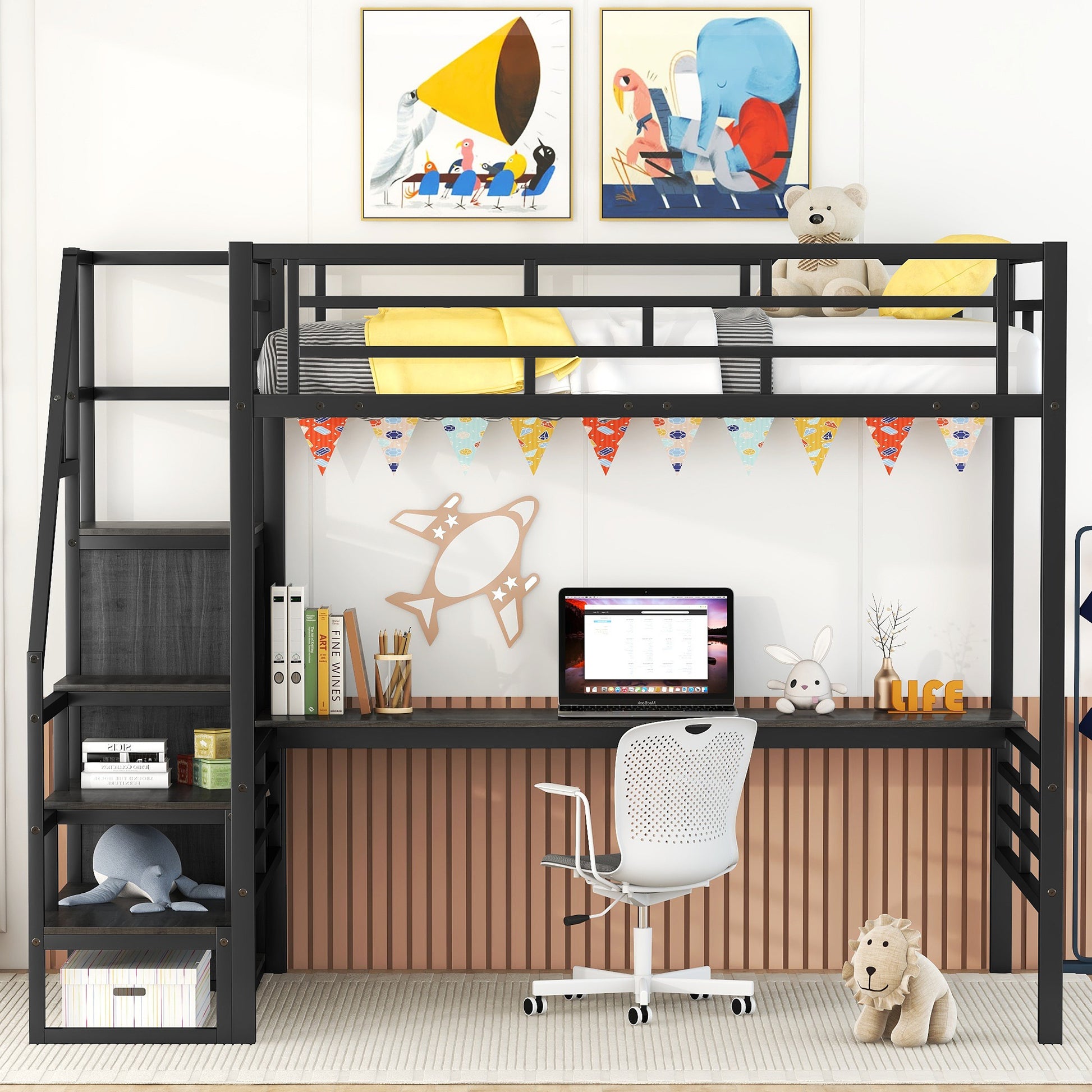 Full Size Metal Loft Bed With Desk, Storage Staircase And Small Wardrobe, Storage Stairs Can Be Installed Left And Right,Black Full Black Metal