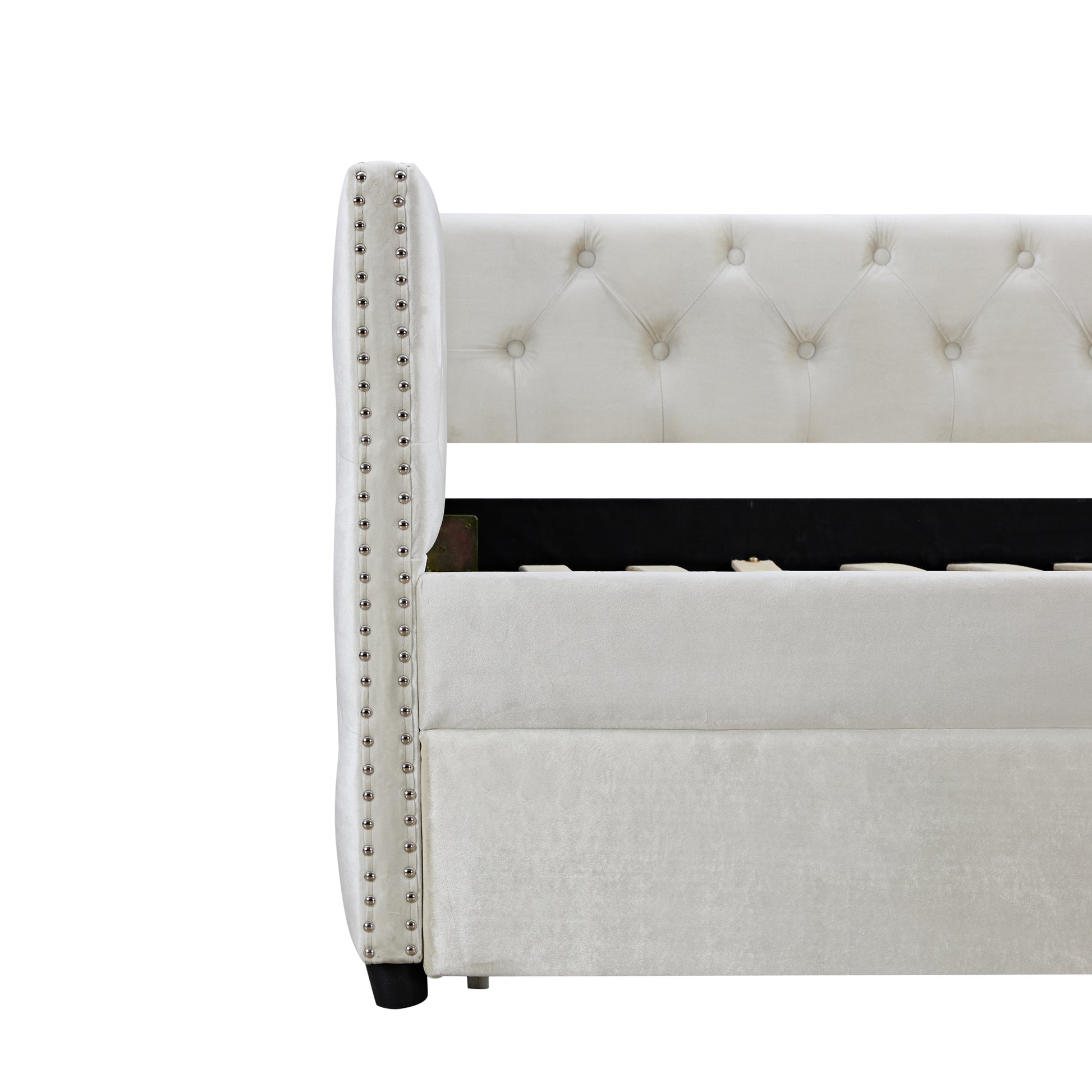 Daybed With Trundle Sofa Bed, Upgraded Velvet Upholstered Sofa Bed, With Button And Copper Nail On Square Arms,Bedroom Living Room Furniture Beige,Twin,83.47"X41.91"X30.71" Twin Beige Wood Bedroom American Traditional Eucalyptus Bed Frame Polyurethane