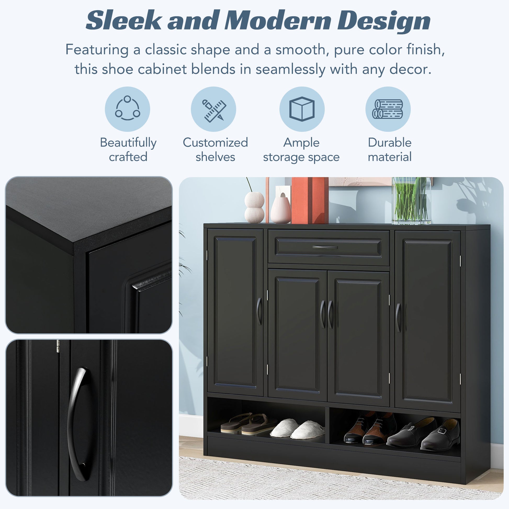 Sleek And Modern Shoe Cabinet With Adjustable Shelves, Minimalist Shoe Storage Organizer With Sturdy Top Surface, Space Saving Design Side Board For Various Sizes Of Items, Black Square 3 4 Spaces