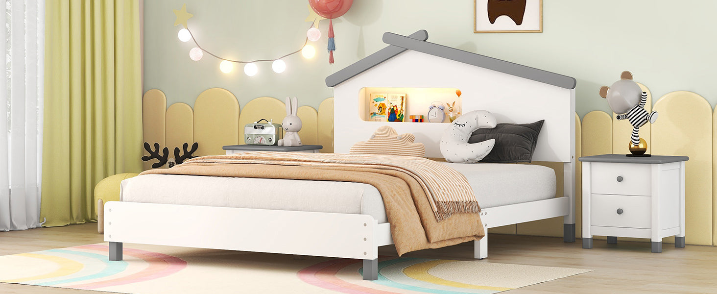 Full Size Wood Platform Bed With House Shaped Headboard And Motion Activated Night Lights White Gray White Wood