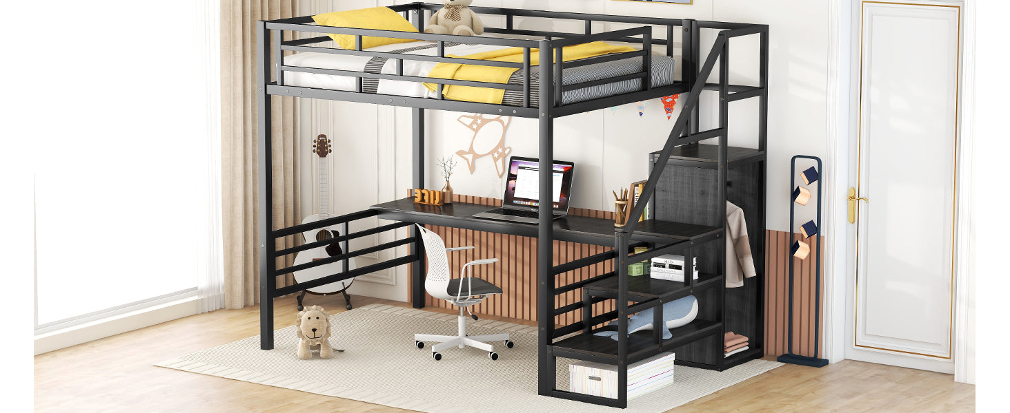 Full Size Metal Loft Bed With Desk, Storage Staircase And Small Wardrobe, Storage Stairs Can Be Installed Left And Right,Black Full Black Metal