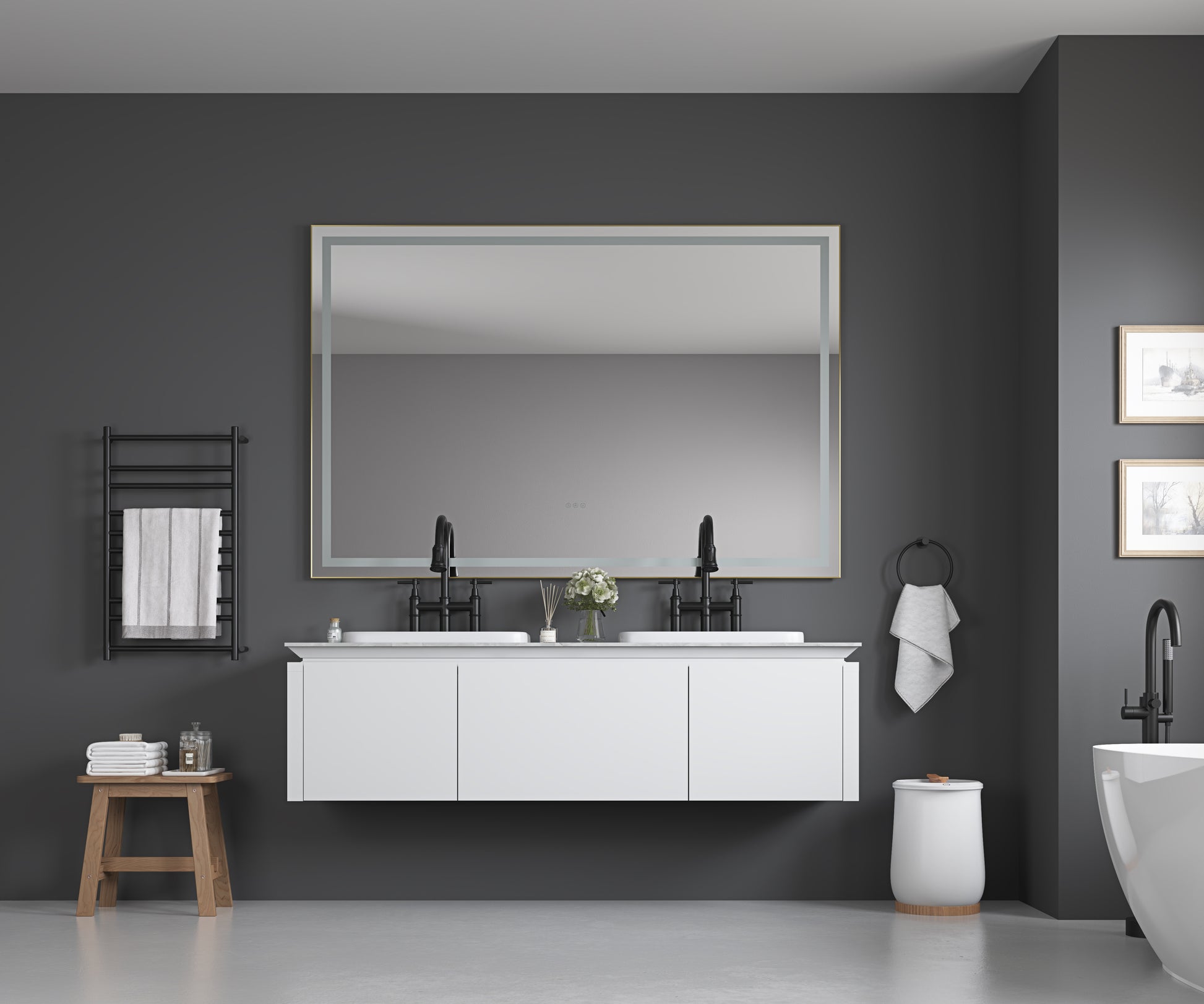 72In. W X 48In. H Oversized Rectangular Black Framed Led Mirror Anti Fog Dimmable Wall Mount Bathroom Vanity Mirror Hd Wall Mirror Kit For Gym And Dance Studio 48X 72Inches With Safety Ba Gold Aluminium