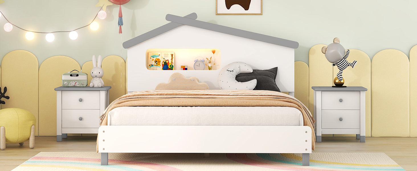 Full Size Wood Platform Bed With House Shaped Headboard And Motion Activated Night Lights White Gray White Wood